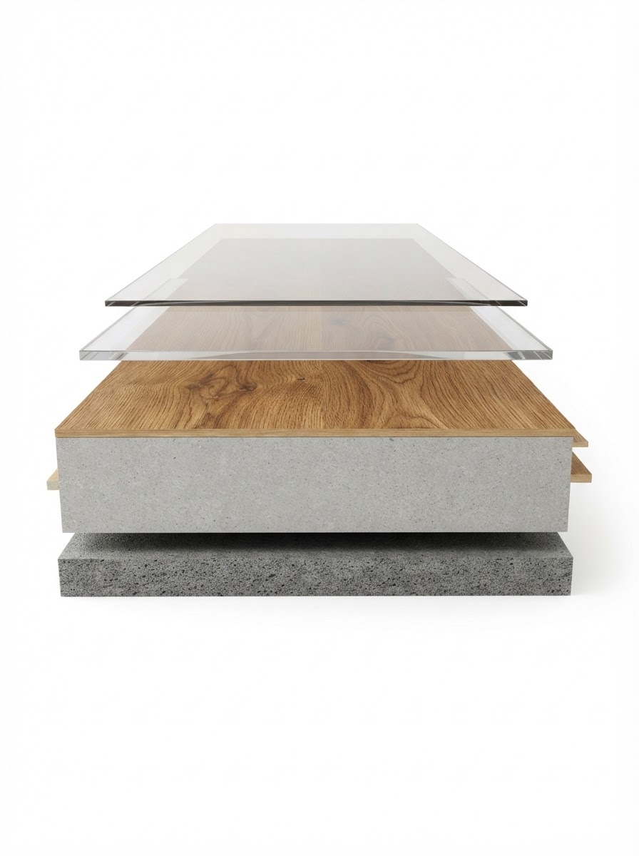 SPC hybrid flooring plank cross section showing UV coating, wear layer, photographic print, rigid core and acoustic underlay layers