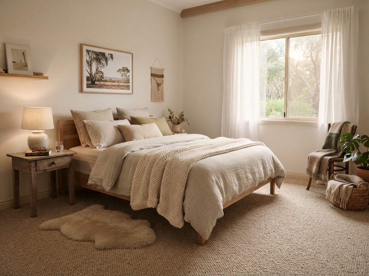 Cozy bedroom with warm wool carpet flooring