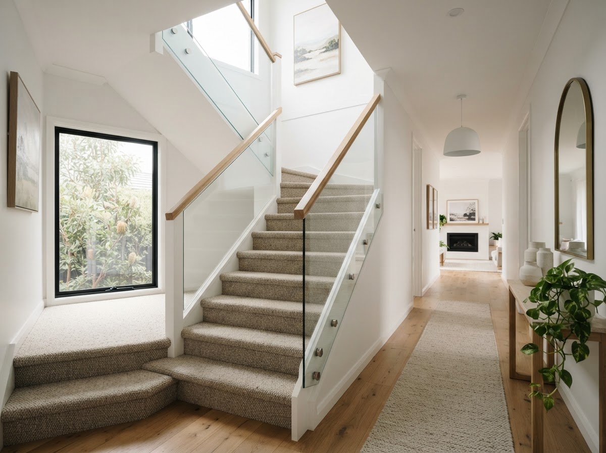 Carpeted staircase and hallway with durable loop pile