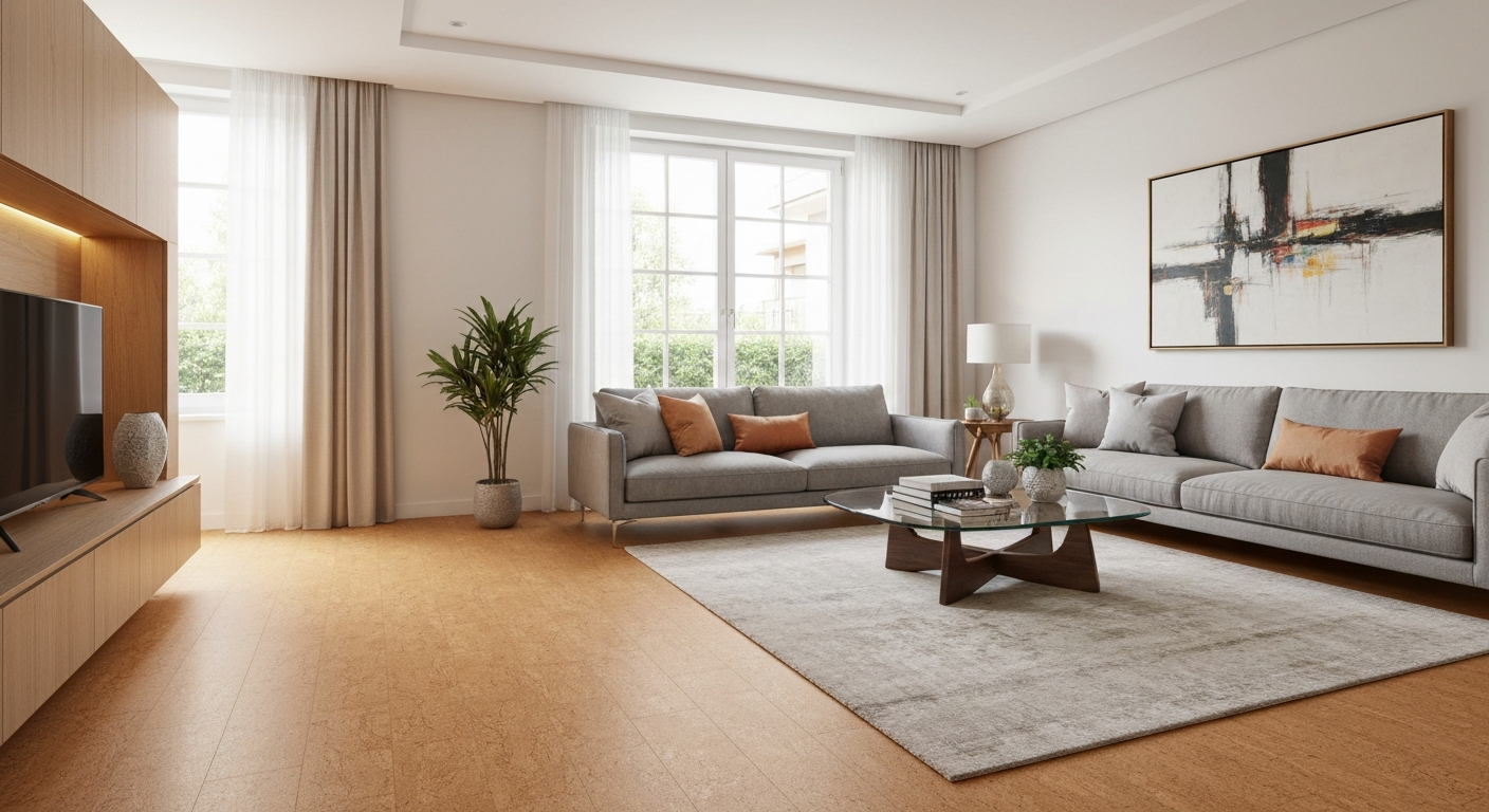 Modern living room with cork flooring