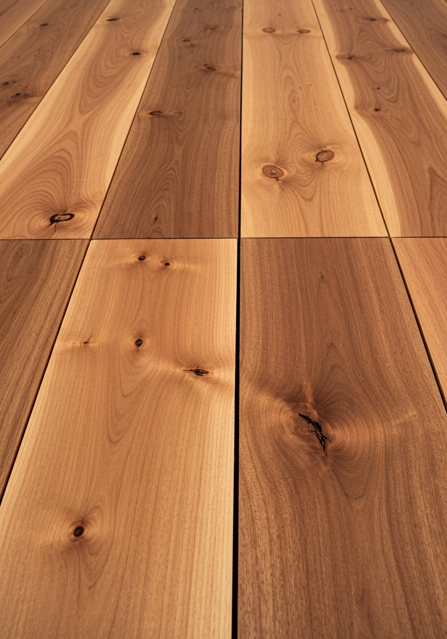 Beautiful natural Australian hardwood timber flooring boards laid out, showing rich grain character