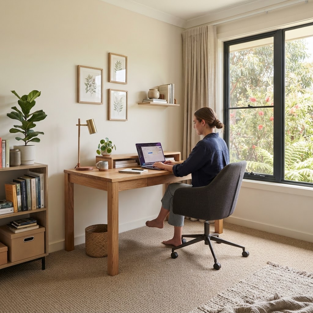 Modern home office with warm neutral carpet flooring