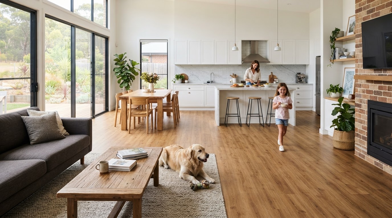 Modern Australian home with hybrid SPC flooring running seamlessly from kitchen to living area