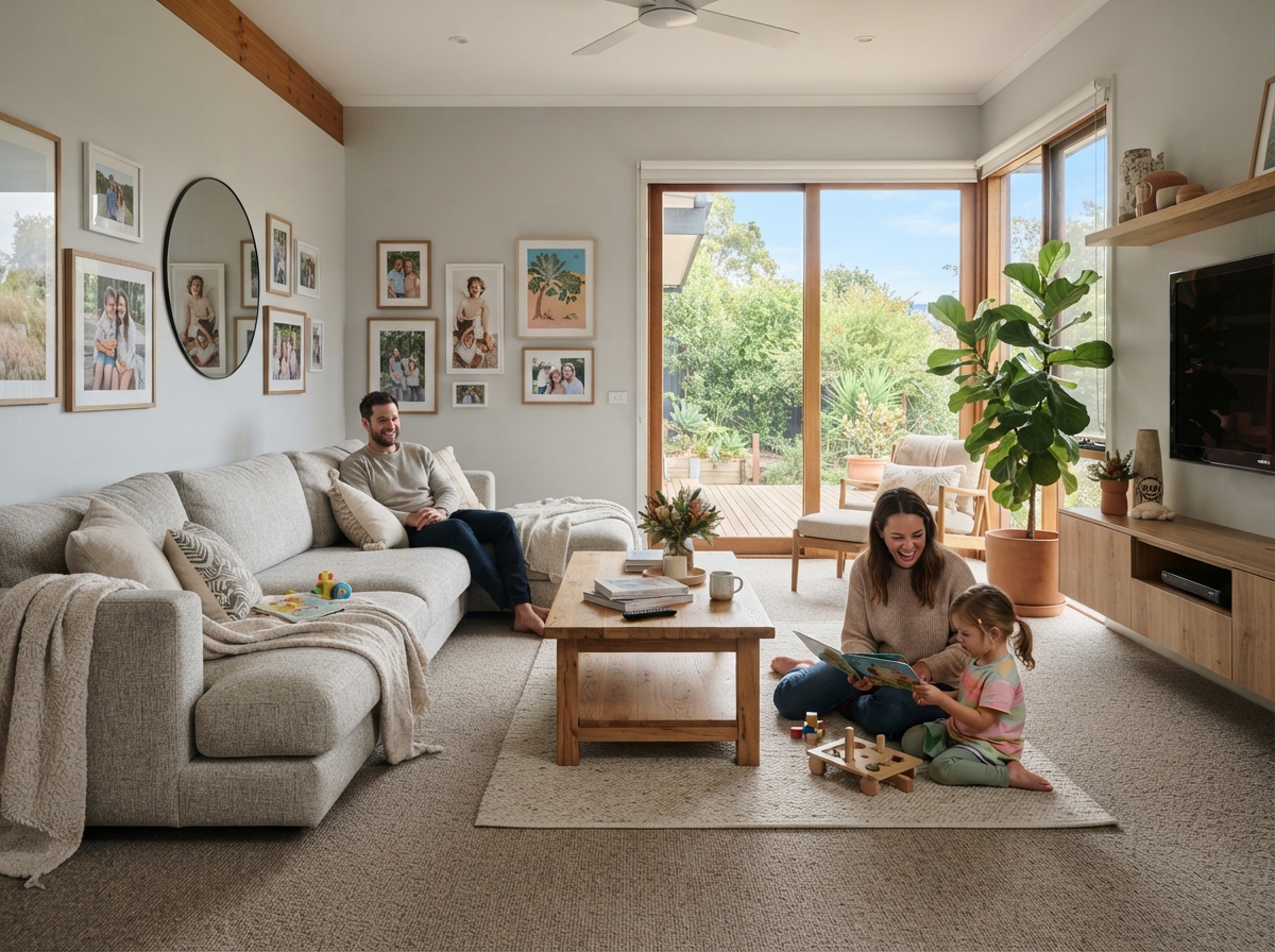 Modern living room with durable twist pile carpet