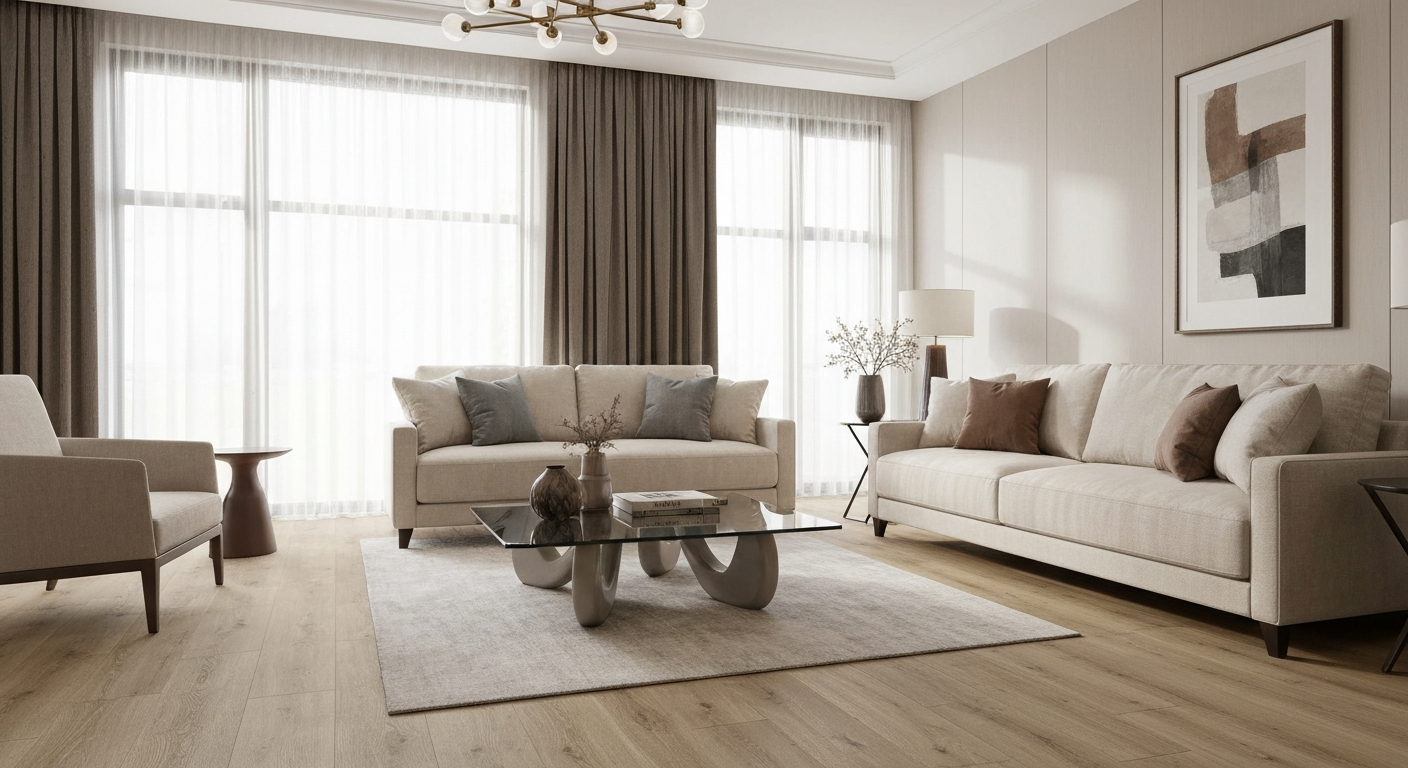 Beautiful modern living room with premium engineered oak timber flooring - Domain Flooring Carnegie