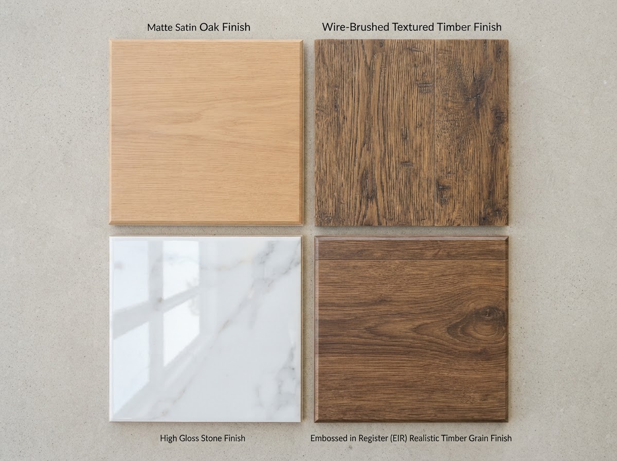 Four hybrid flooring surface finishes: matte satin, wire-brushed texture, high gloss and embossed in register