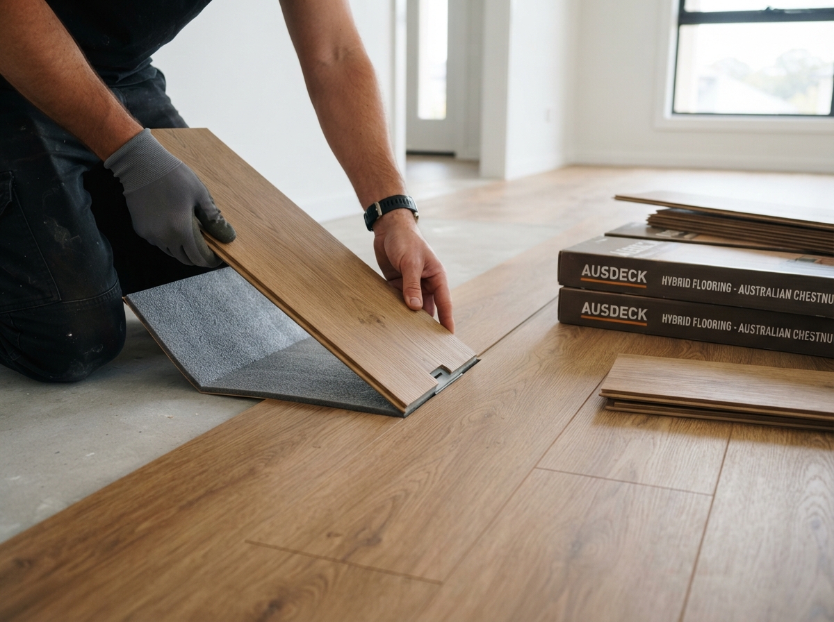 Installing hybrid SPC flooring plank with click-lock floating system showing integrated acoustic underlay