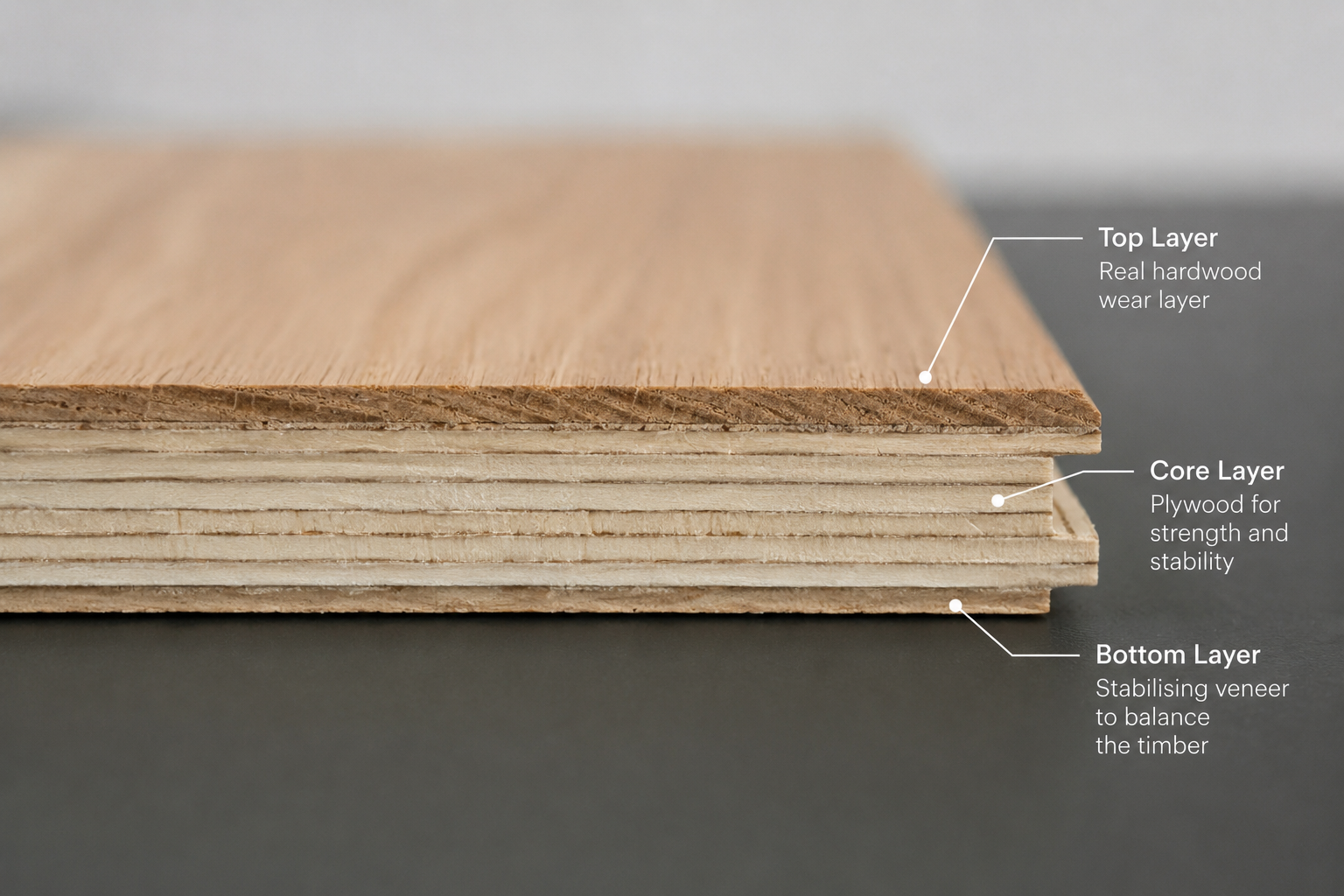 Close-up cross section of engineered timber flooring showing the solid wood top layer and stable plywood core