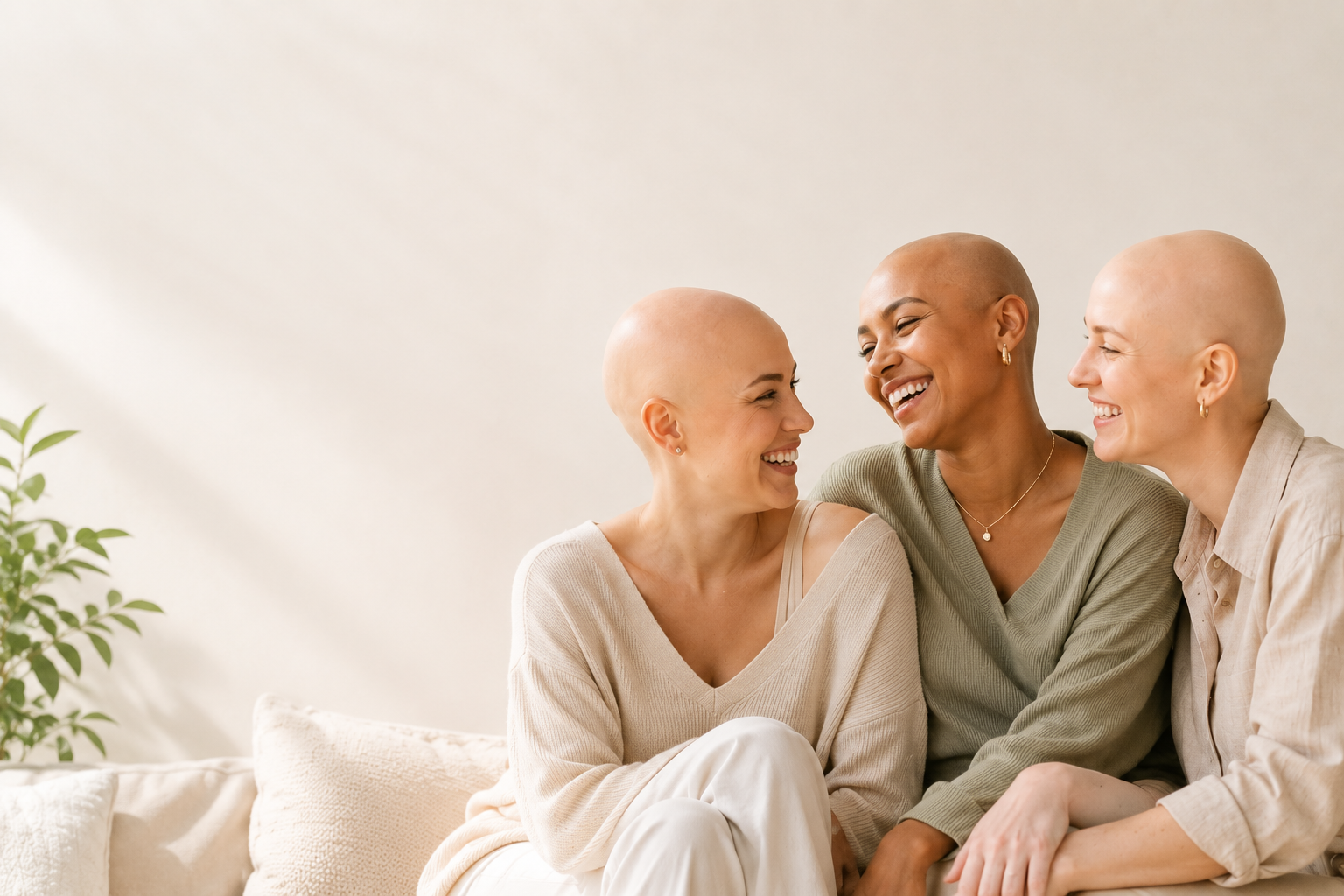 A couple of people with alopecia smiling warmly