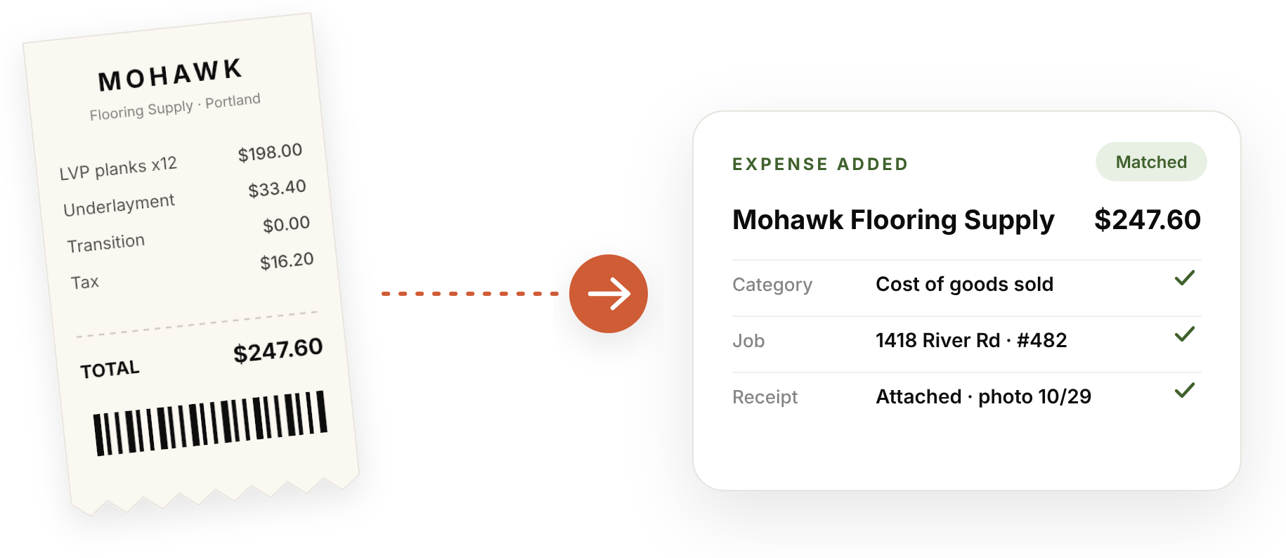 Mohawk flooring receipt snapped, matched to expense and filed into the shared drive