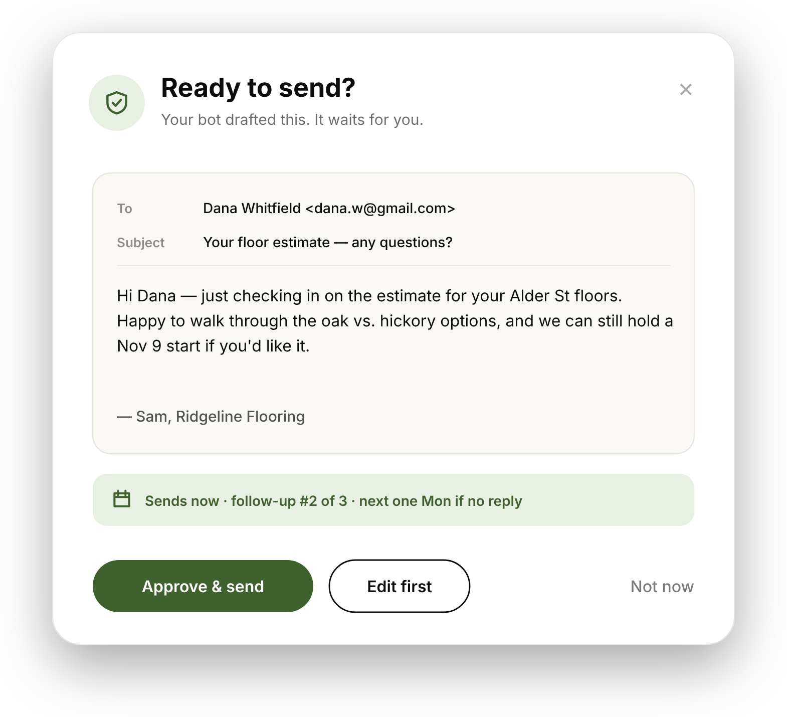 AI bot email draft approval for a bid request and pricing inquiry