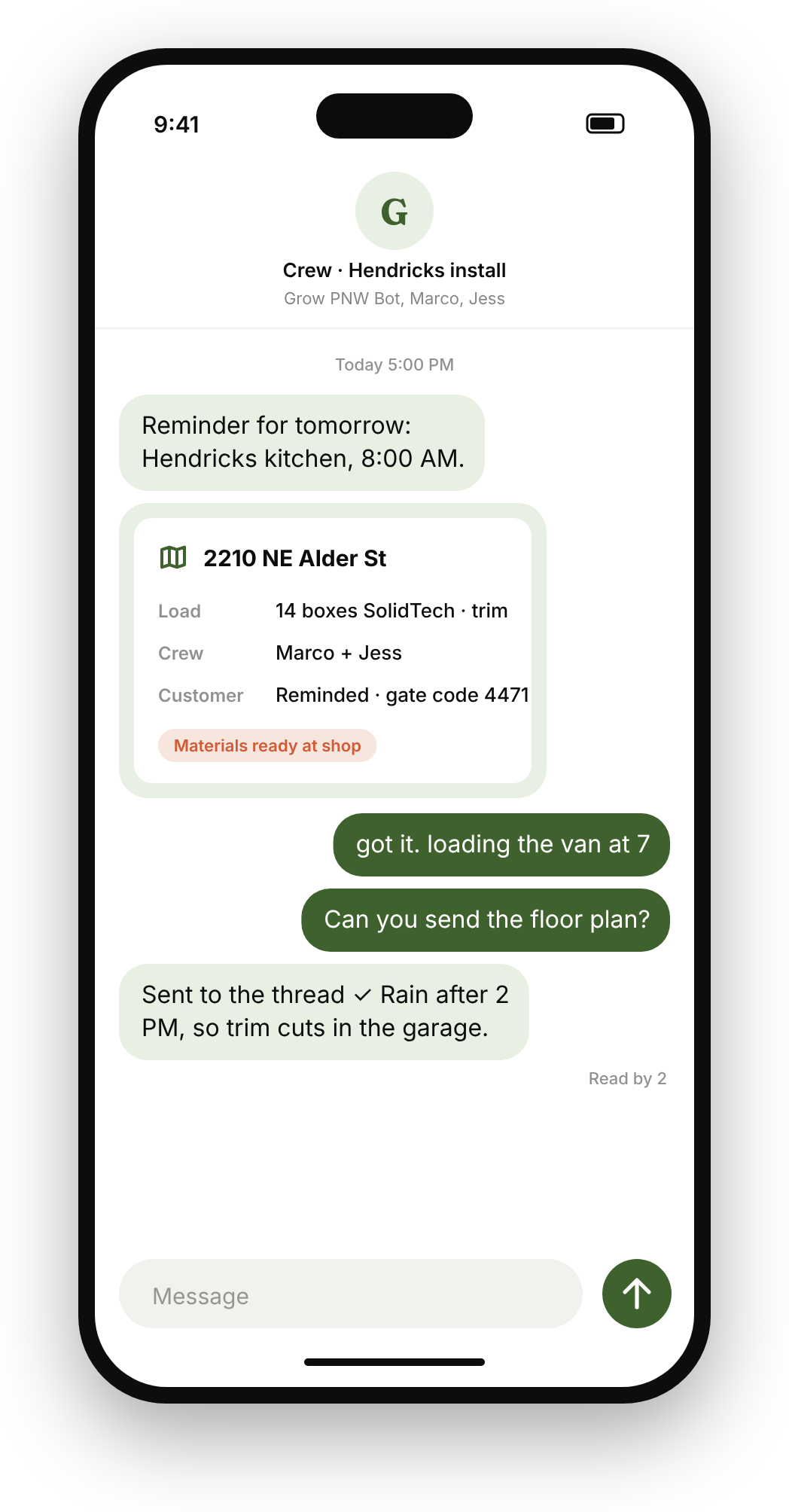 SMS conversation with AI Bot showing real job reminders and plan lookups
