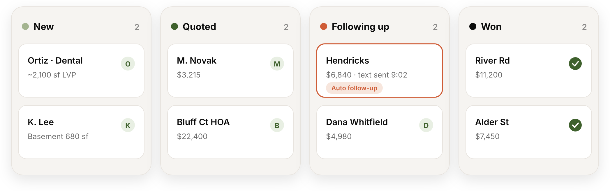 Live pipeline Kanban board with deals moved and updated over SMS