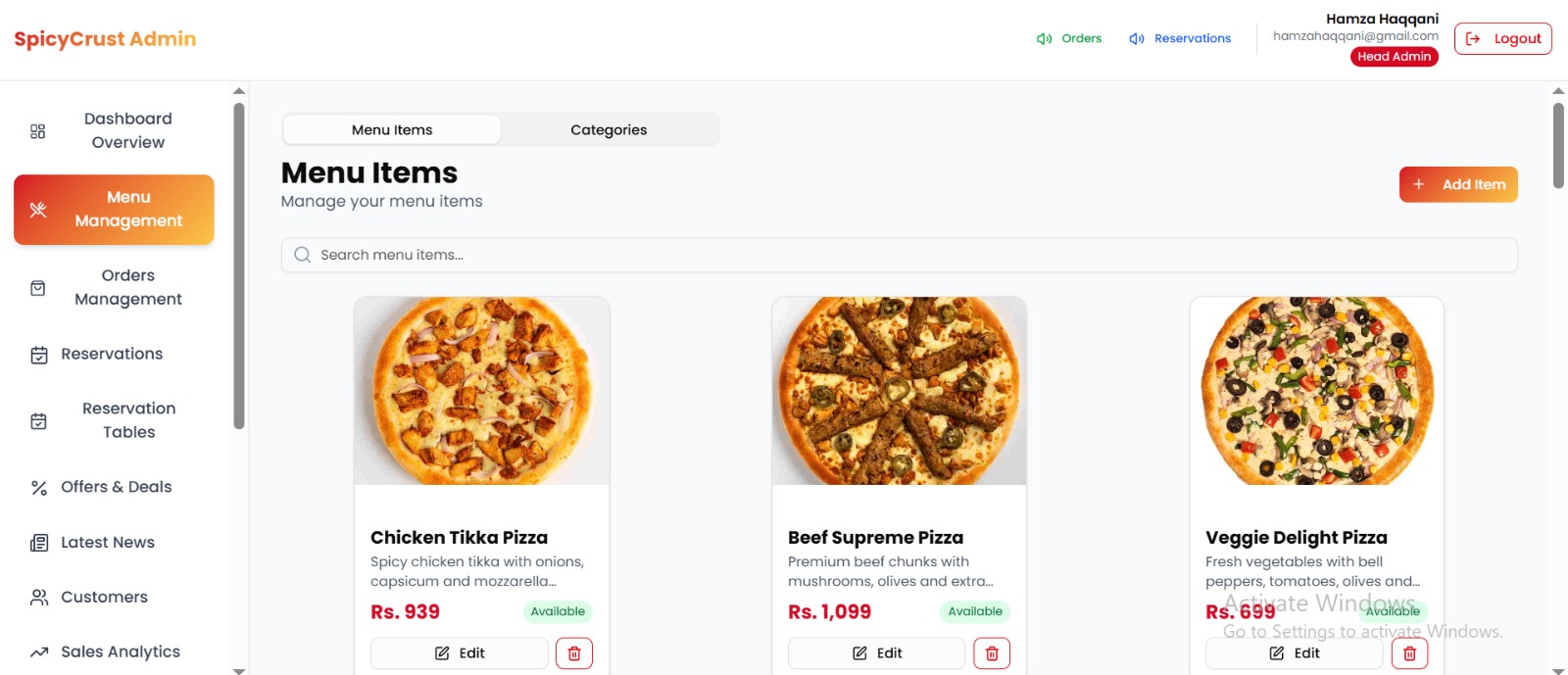 Menu Management