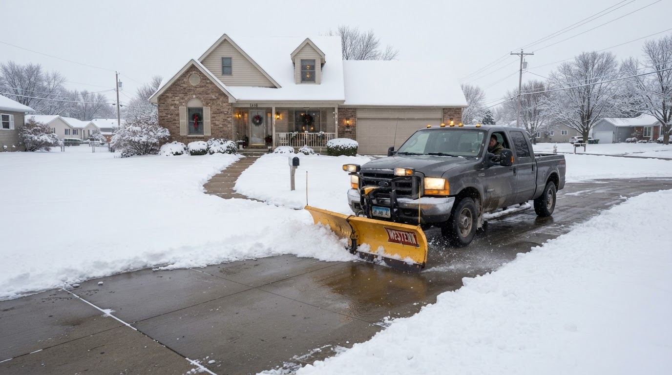 Snow plowed residential driveway in Cedar Rapids, Iowa.
