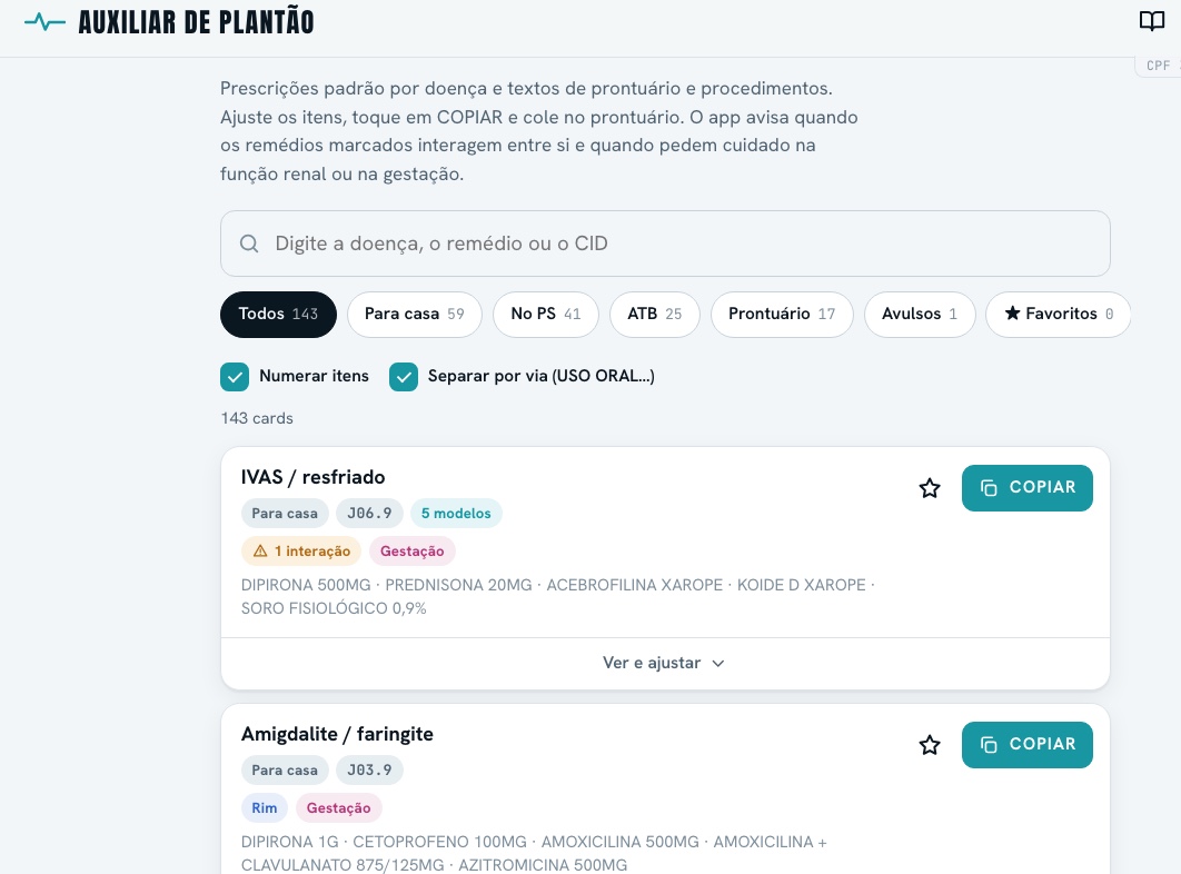 Tela de seleção de prescrições