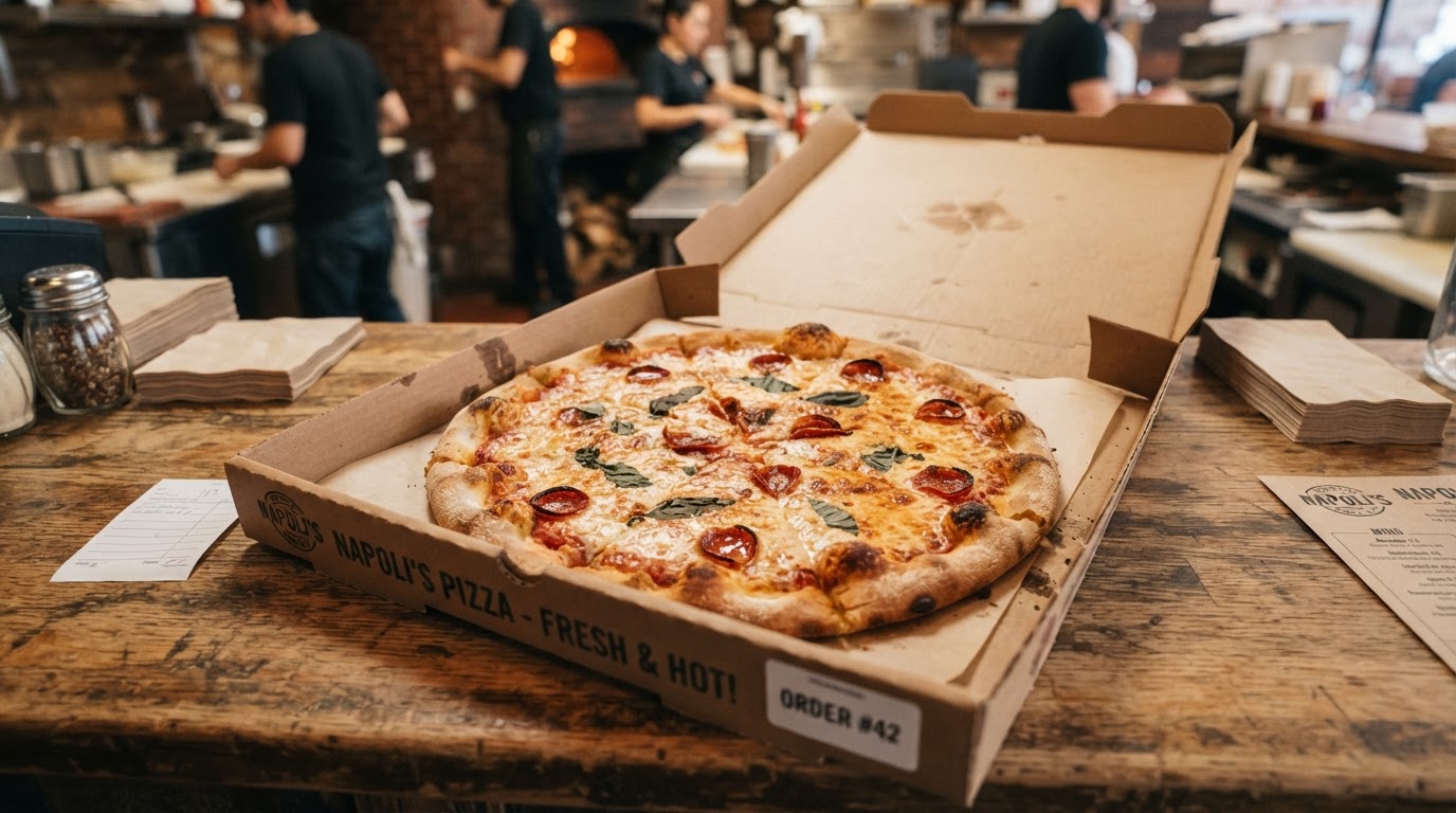 Fresh pizza inside an open takeout box from Perry's Pizza in Huntington Beach, California