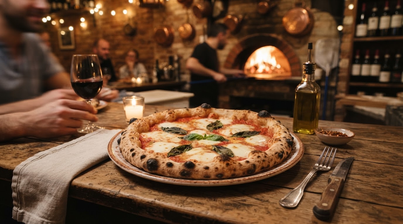 Whole pizza on a table inside Perry's Pizza pizzeria in Huntington Beach, California