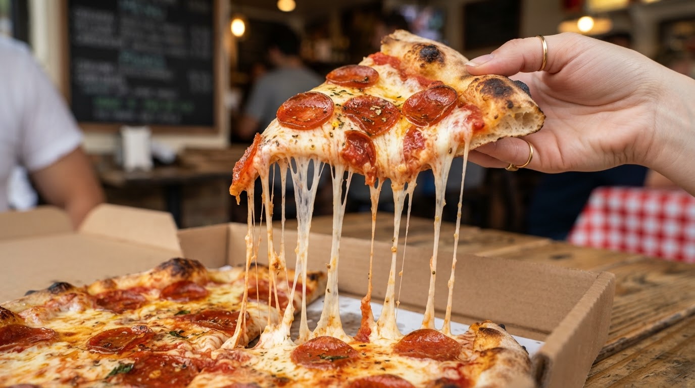A slice of pizza with melted cheese stretching from Perry's Pizza in Huntington Beach, California