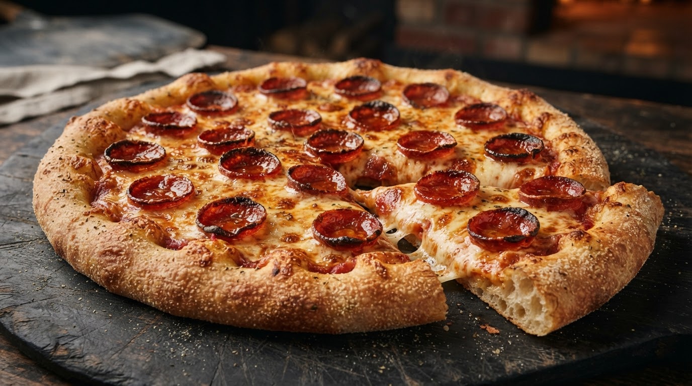 Pepperoni pizza with melted cheese at Perry's Pizza in Huntington Beach, California