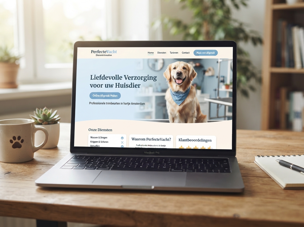Mockup van een professionele website voor een dierentrimsalon op laptop en telefoon