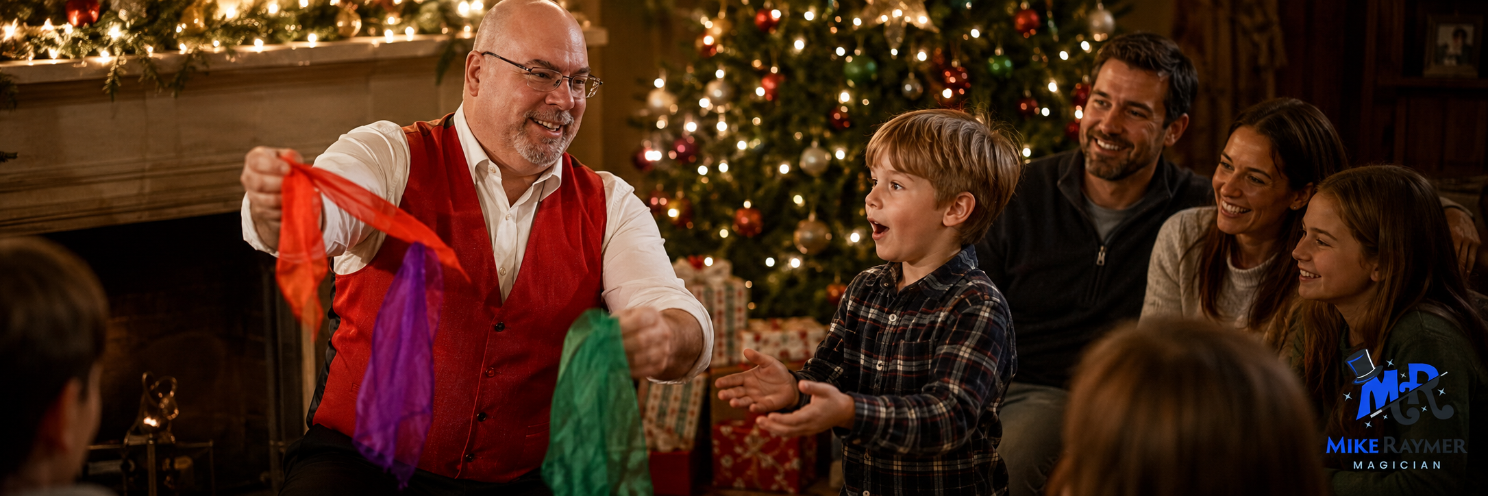 Christmas Magic Show hero featuring Mike Raymer performing silk magic for a family around the Christmas tree