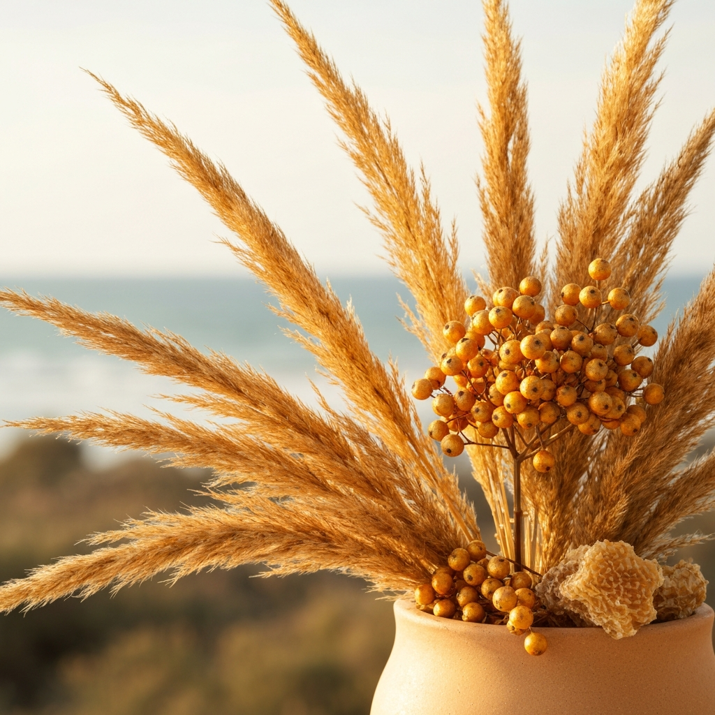 Golden botanicals in warm coastal light
