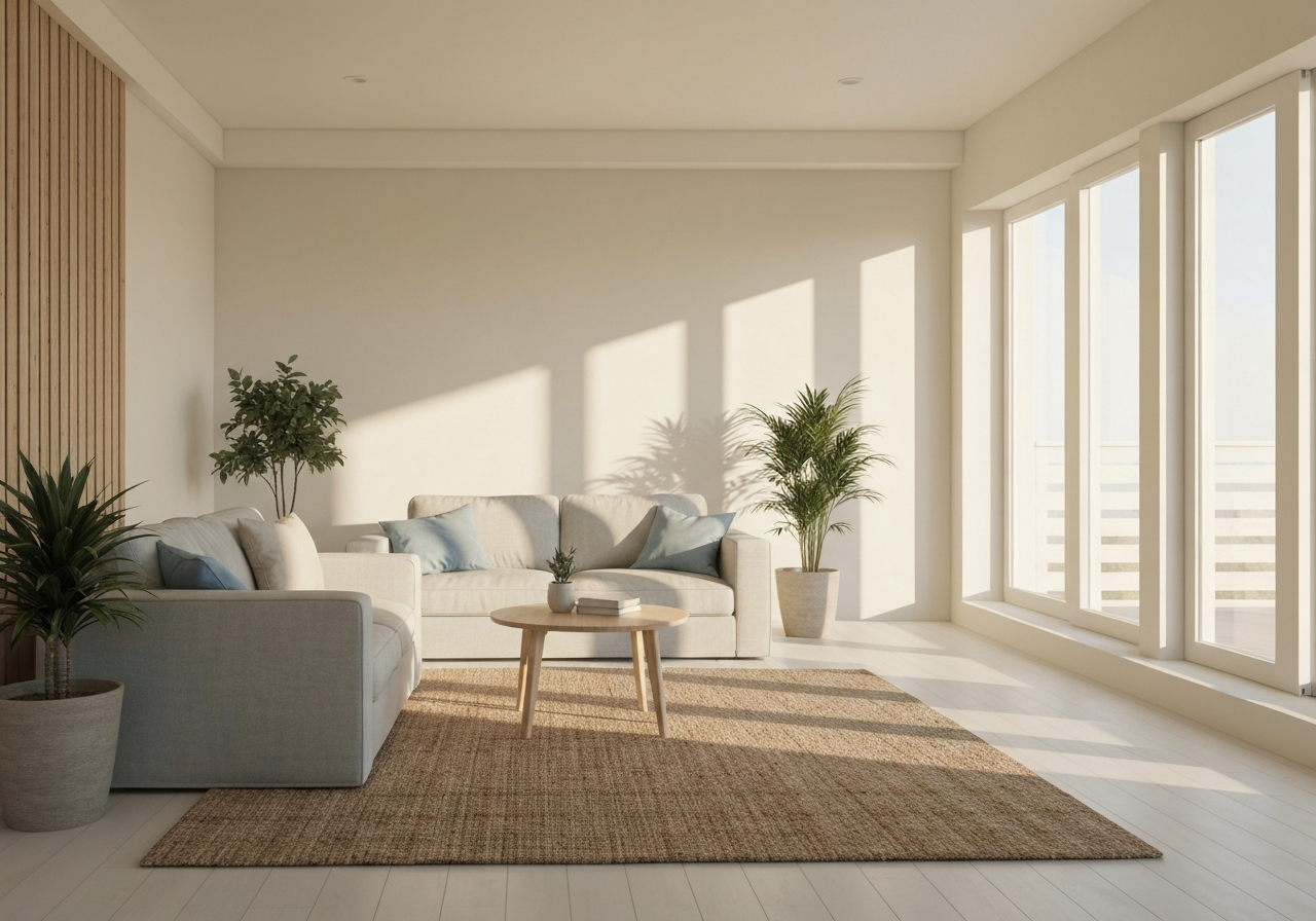 A serene, clean indoor coastal living room with warm sunlight
