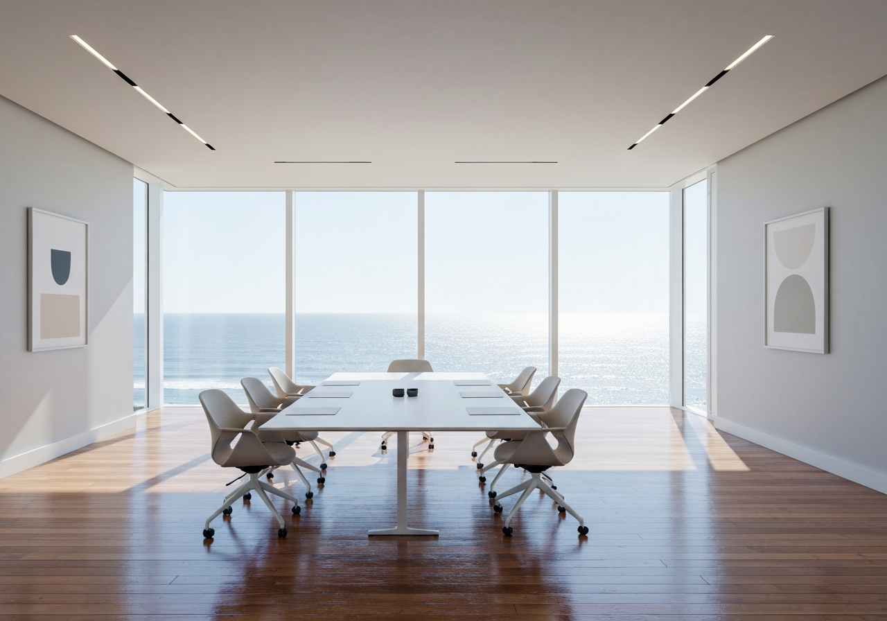 A modern, bright coastal meeting space with large windows and ocean view