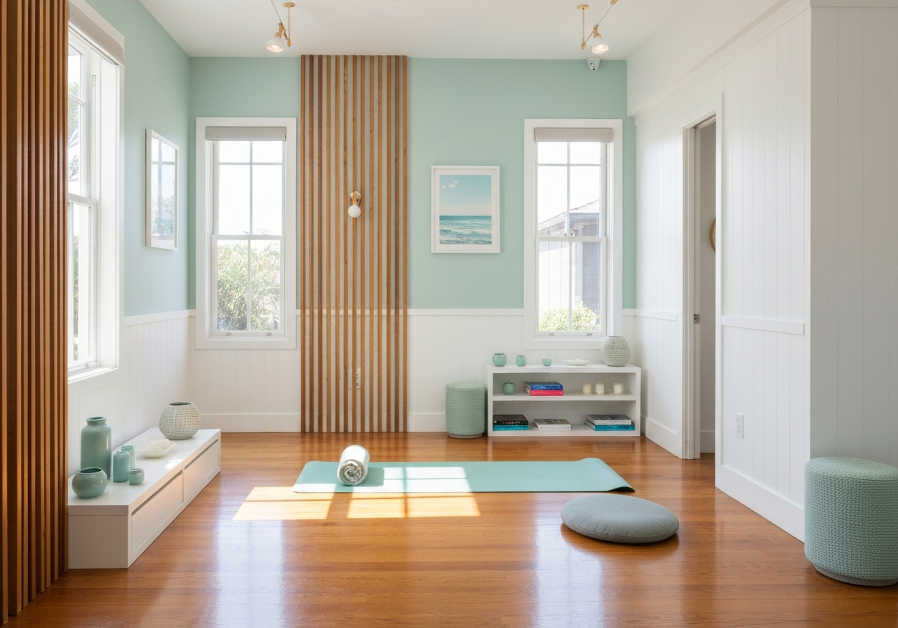 A clean, elevated wellness clinic detail with soft lighting and coastal tones