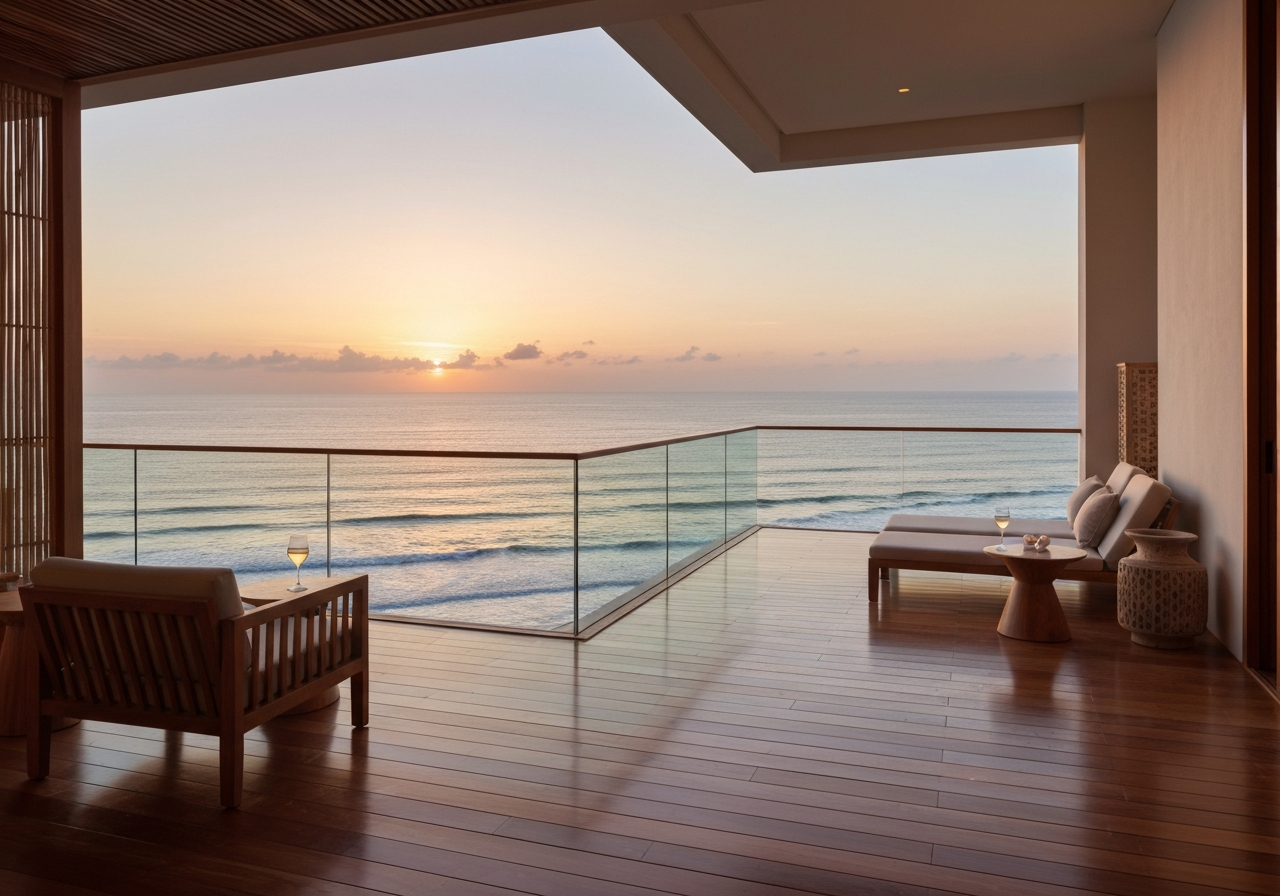 A luxurious resort balcony overlooking the ocean at golden hour