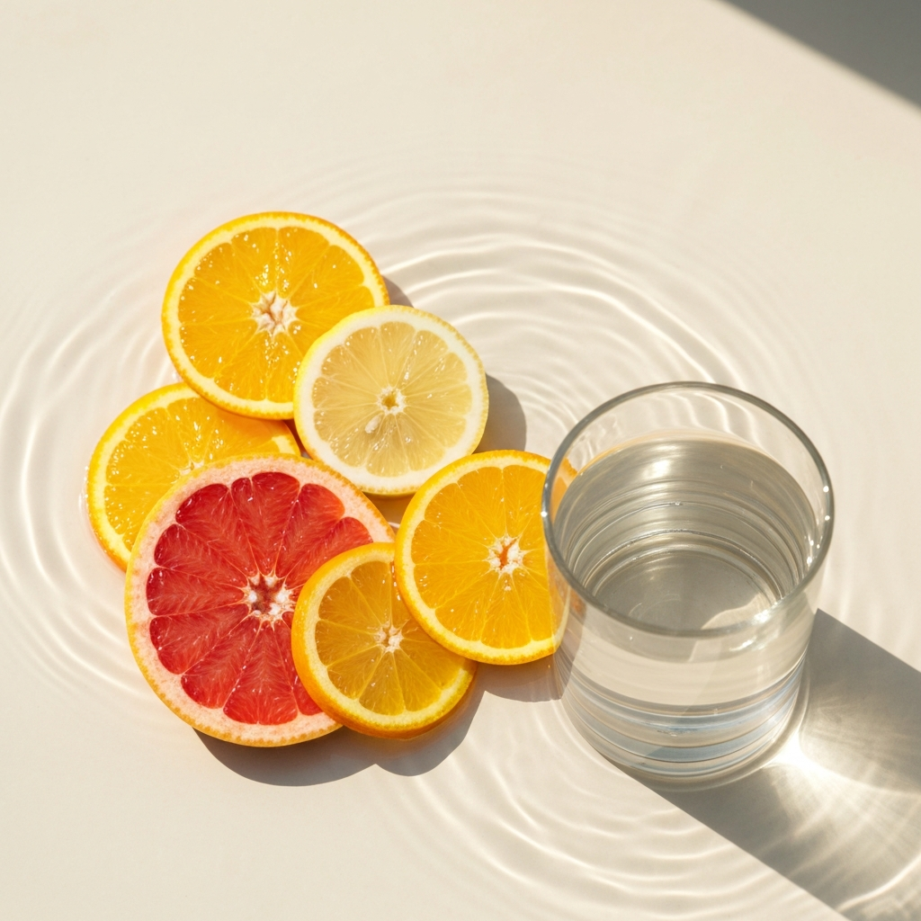 Sliced citrus and clear water in morning light