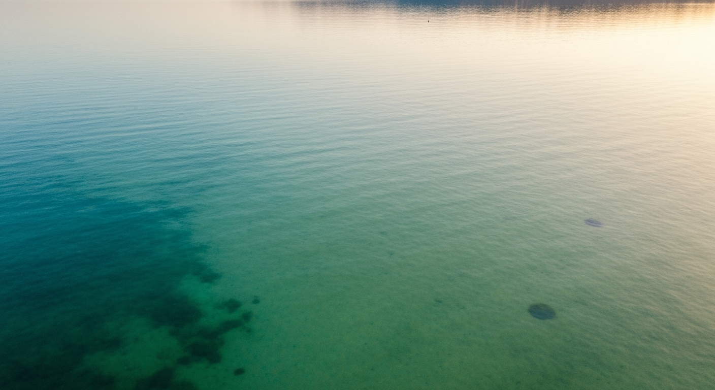 Still surface of calm ocean water with soft green and aqua depths