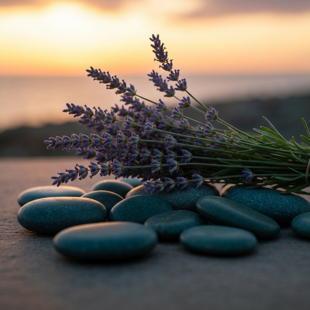 Lavender sprigs and smooth stones in soft dusk light
