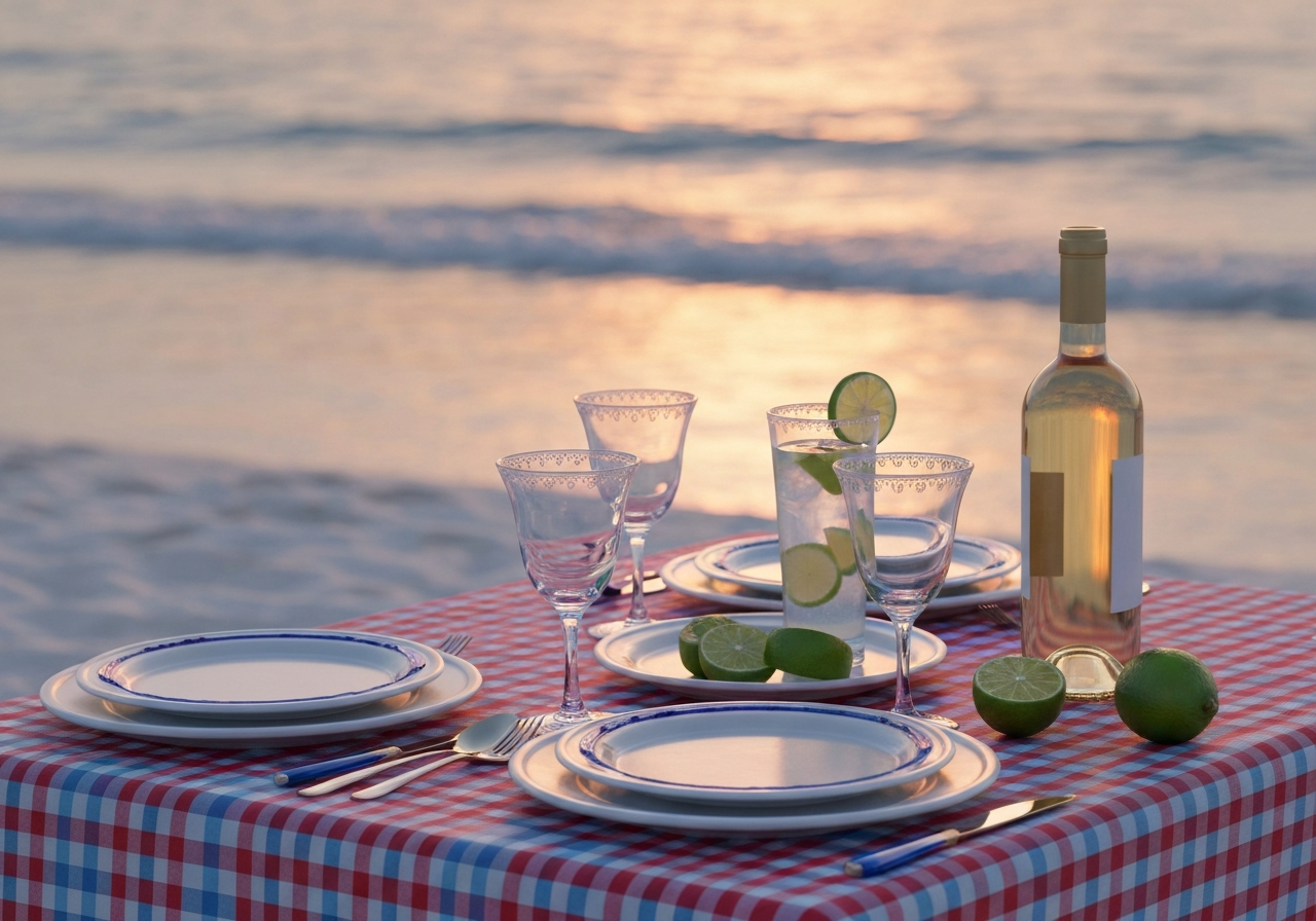 A festive coastal table setting with glassware and warm evening light