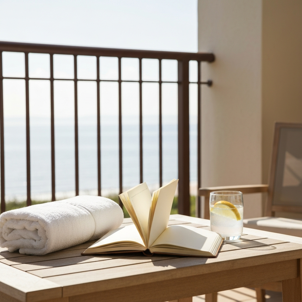 A serene coastal wellness scene with calm hospitality detail