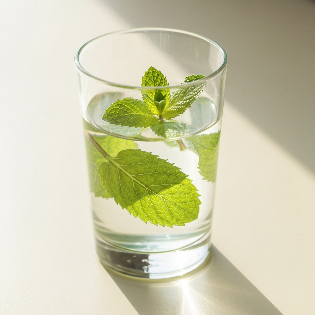 Glass of water with mint leaves in cool morning light