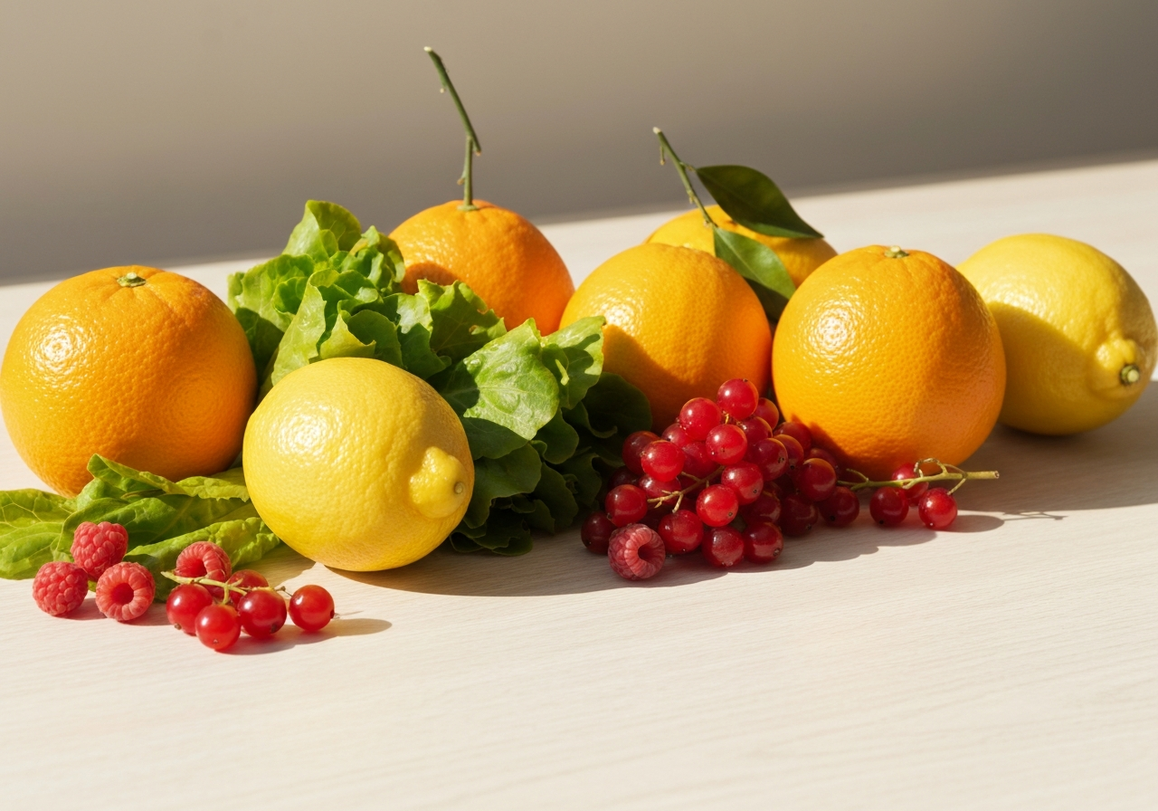 A bright arrangement of citrus, berries and leafy greens