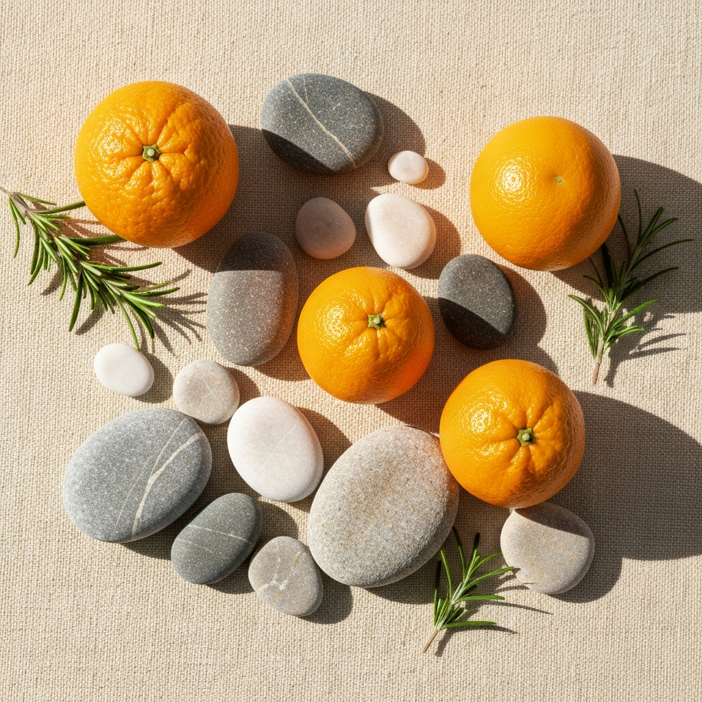 Sea stones, fresh oranges, and rosemary sprigs