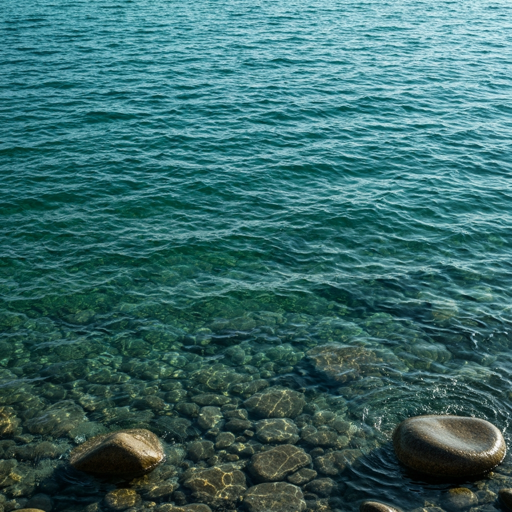 Calm deep teal water surface with smooth stones