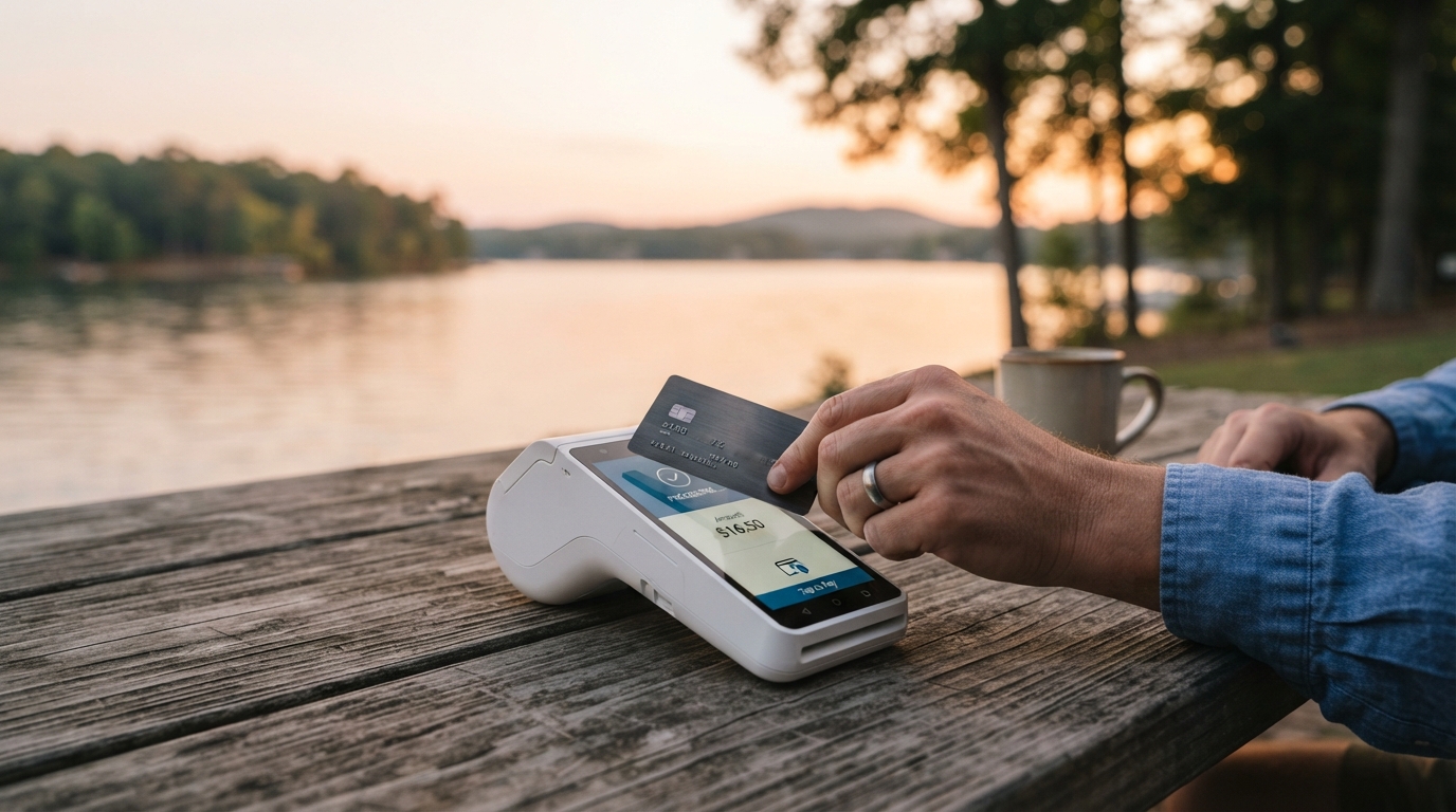 Handheld POS card terminal on a lakeside table, someone tapping it with a credit card