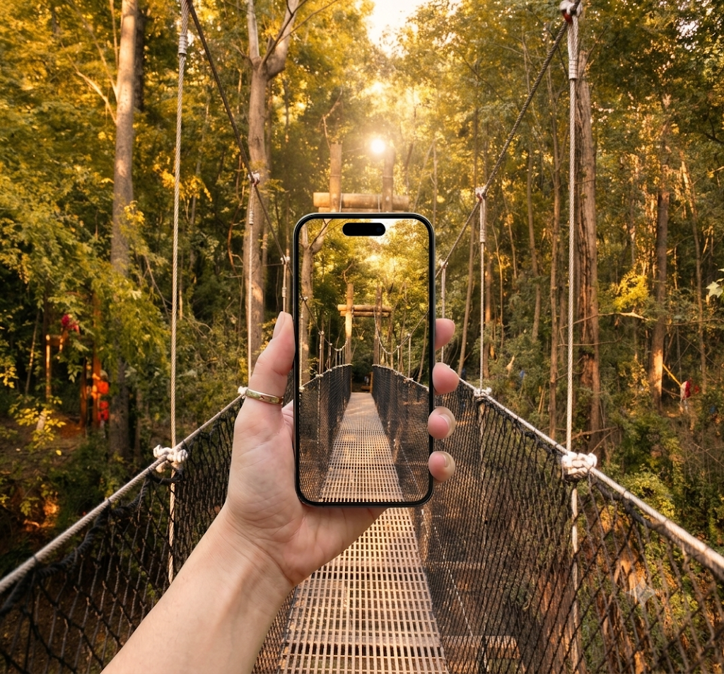 Hand holding phone on forest suspension bridge at golden hour