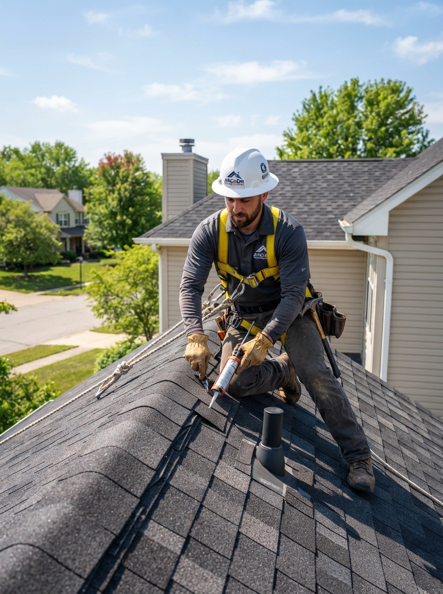 Professional roofer inspecting residential roof