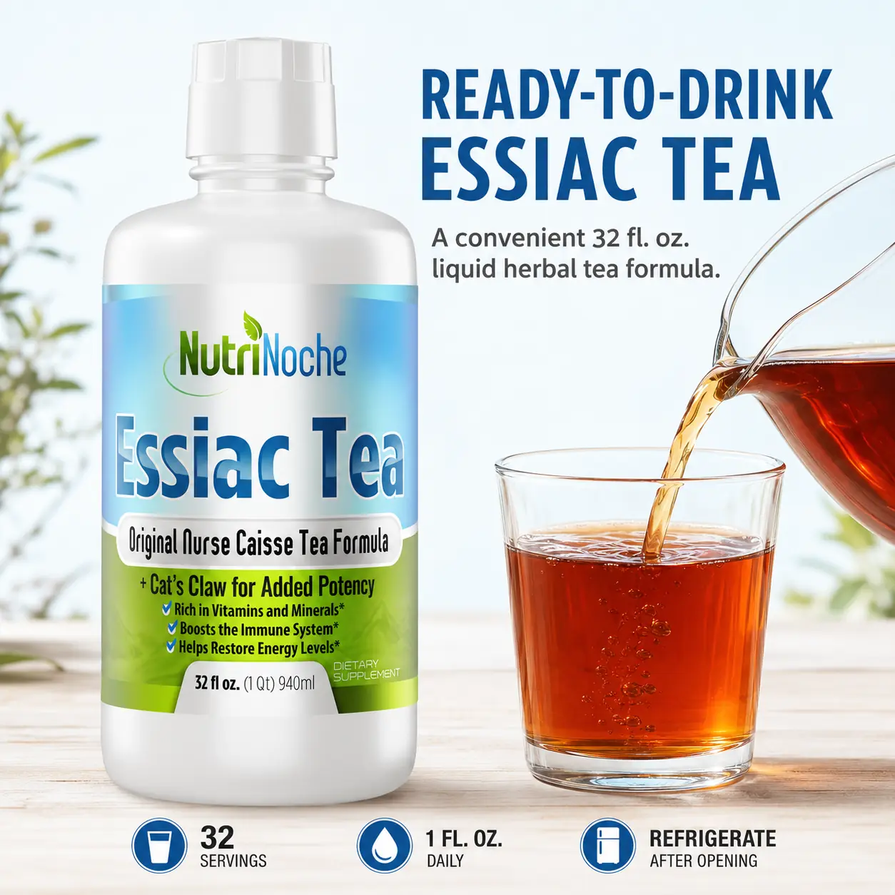NutriNoche ready-to-drink Essiac Tea 32 oz bottle poured into a glass