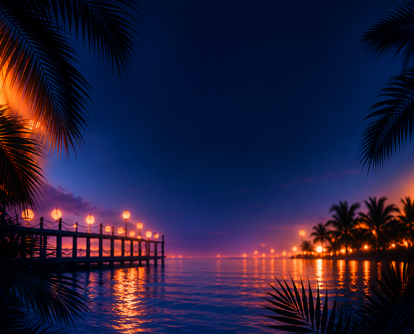 Nighttime tropical pier with palm trees
