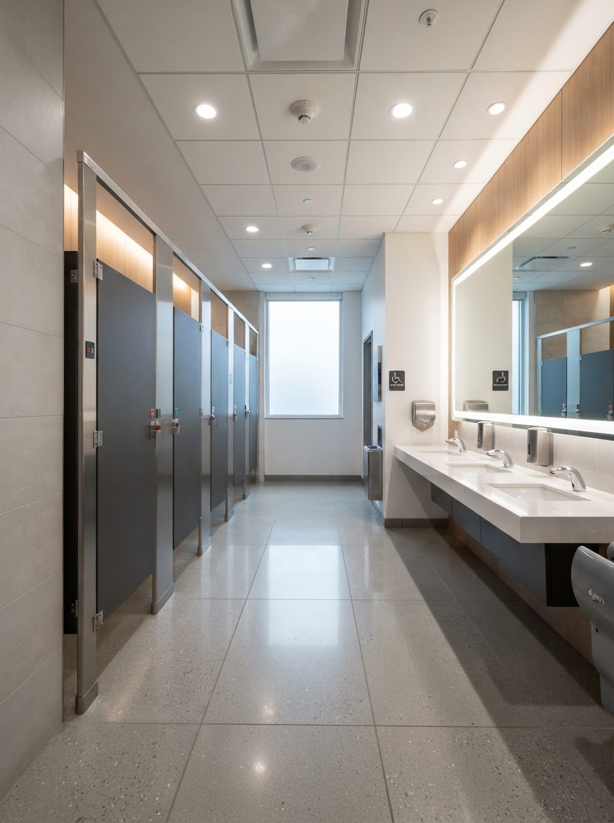 Modern commercial restroom with professional fixtures