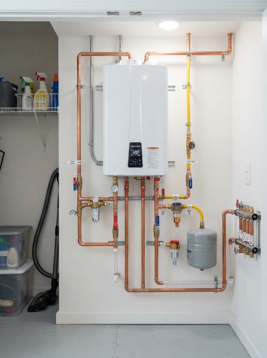Modern tankless water heater installation on a wall