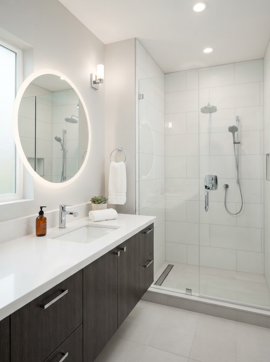 Modern bathroom with newly installed plumbing fixtures