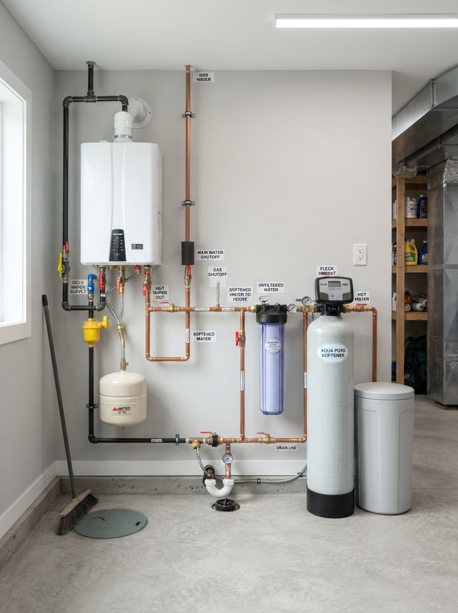 Whole-house water filtration system and gas line piping
