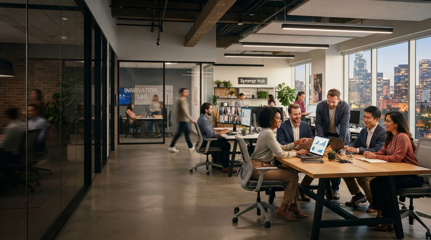 Equipe corporativa colaborando em ambiente moderno de trabalho